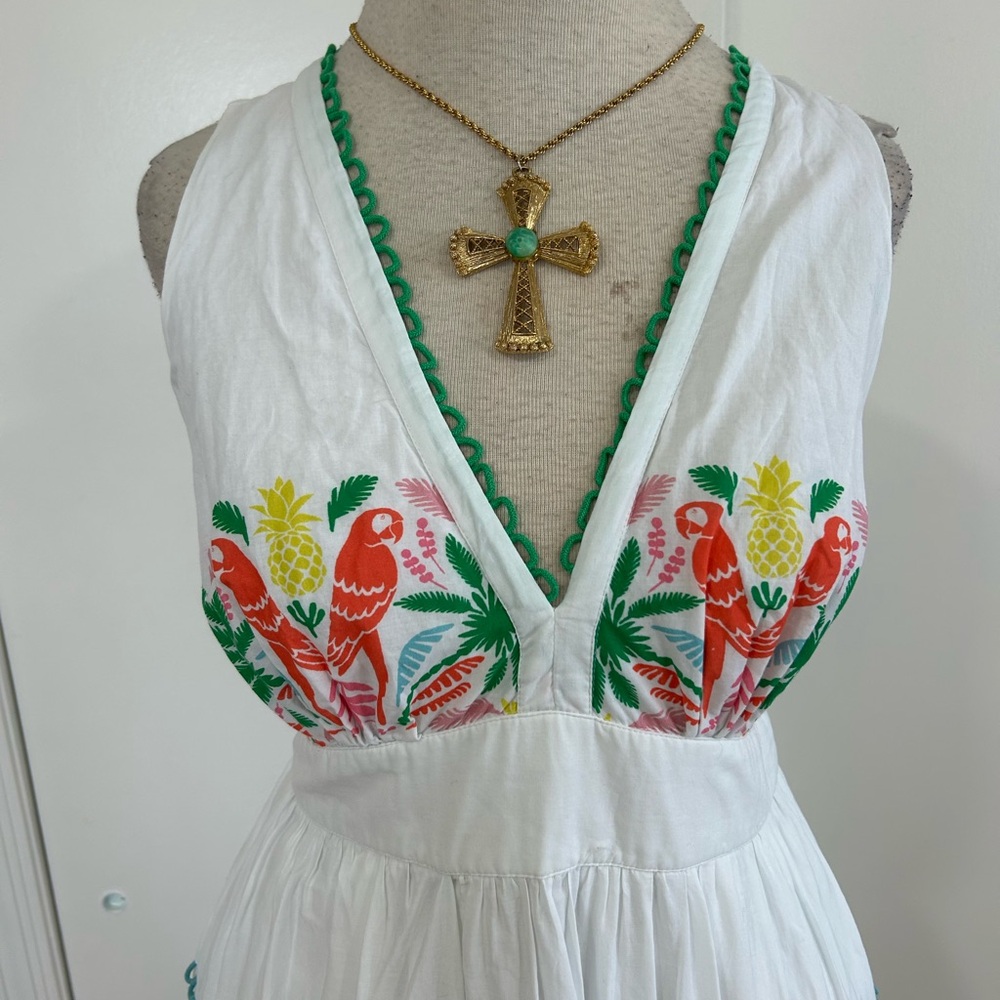 BODEN SERENA COTTON TIE FULL CIRCLE MAXI DRESS MULTI TROPICAL LOVE BIRDS PARROTS - Picture 4 of 13